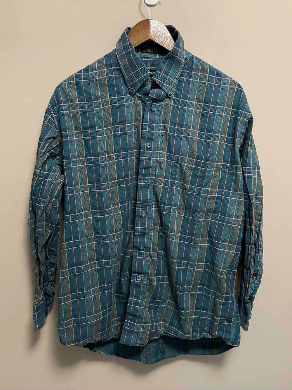 Pierre Cardin Teal, Navy and Olive Plaid Button-Down Shirt Men’s Large